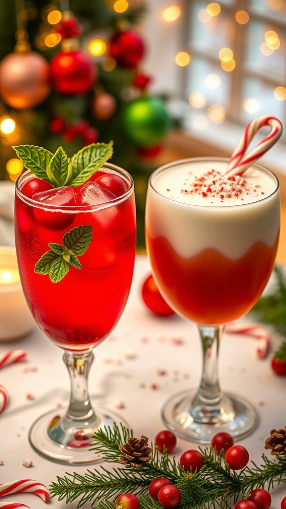 A collection of Christmas cocktails, including cranberry and eggnog drinks, garnished with festive decorations.